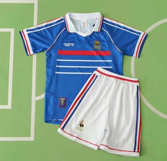 France 1998 Home Kids Kit Kindertrikot Maillot Enfant Kindertrui (Ages 3-13)