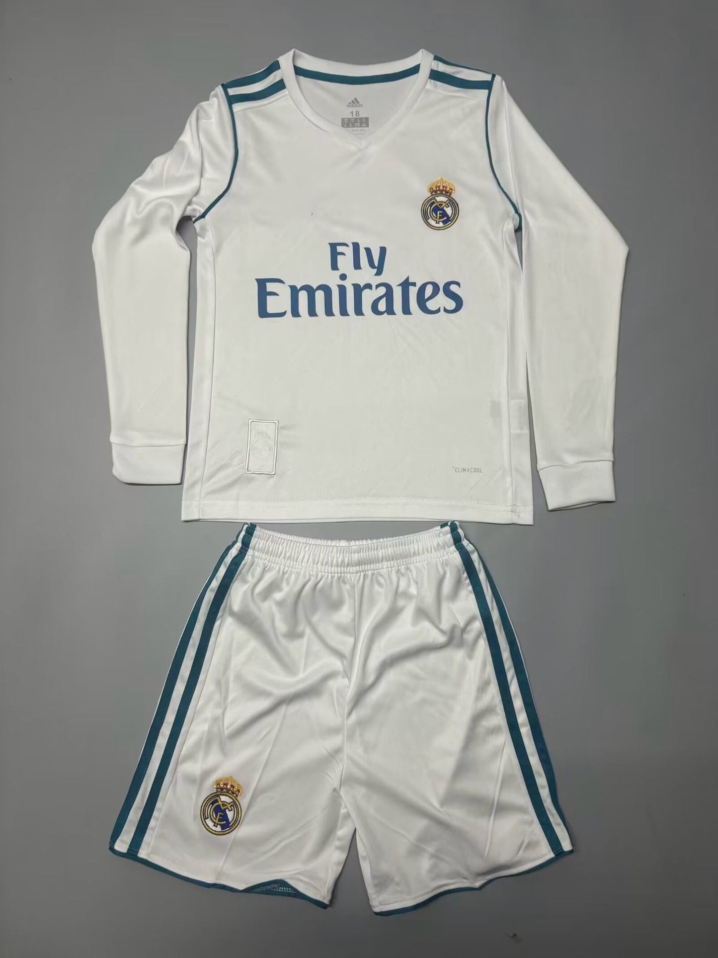 Real Madrid Retro White Long Sleeve Kids Children Set Retro Football Jersey Trikot